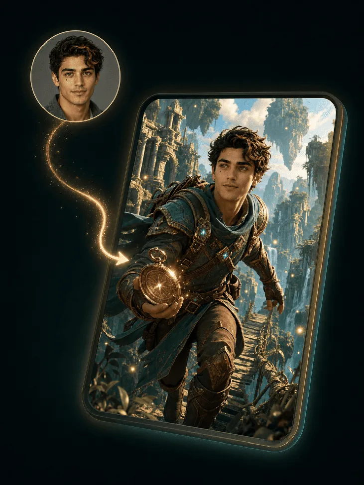 A reference portrait transformed into a playable fantasy hero
