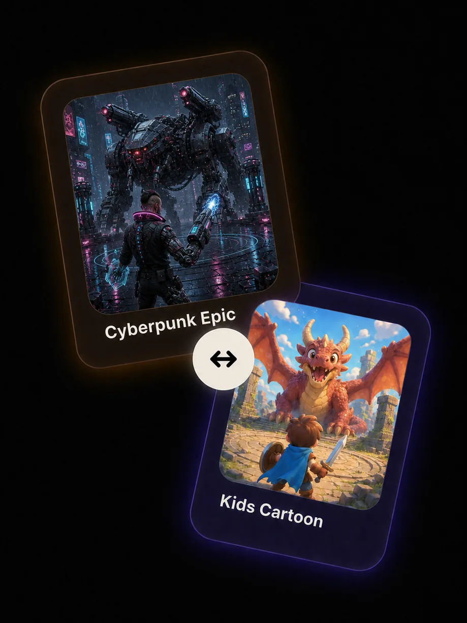 The same game shown in cyberpunk and children's fantasy worlds